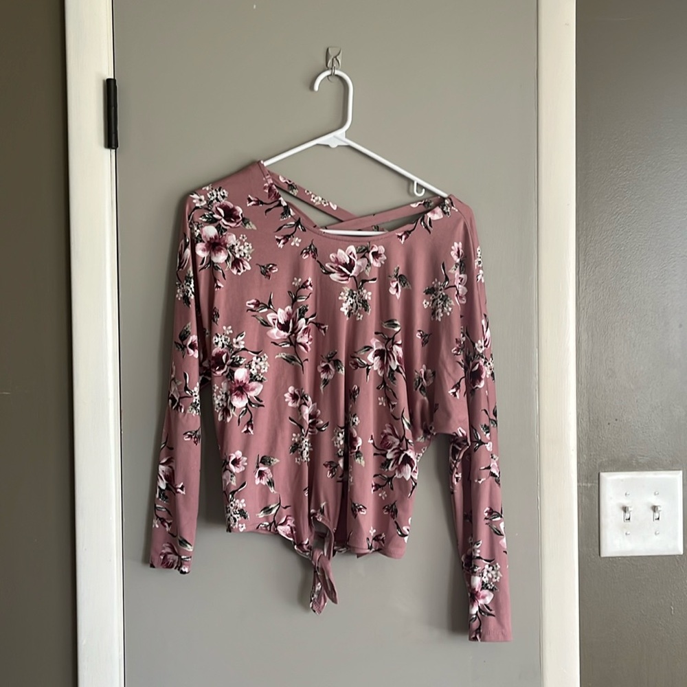 Extra small, long sleeve, pink flower, shirt, tied at the bottom on the front